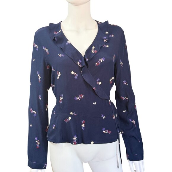Rails Simone Wrap Blouse Floral Ruffle Medium Navy Kyoto Rayon Adjustable Wrap - Picture 1 of 9